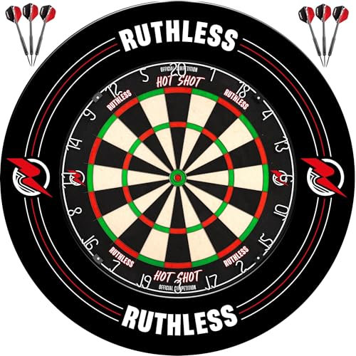Ruthless Hot Shot Dart Board Surround Home Centre | Complete Darts Package Including Sisal Board, 2 Sets of Darts and a Dartboard Surround (Home Centre)