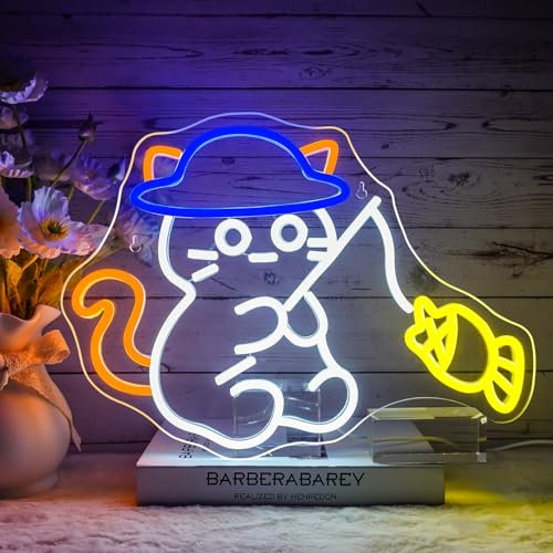 NOXET Katze Neon Schild Katze Angeln Wanddekoration Neon Schild Angeln Katze Neon niedliche Hut Katze Neon Schild Schlafzimmer Fisch Shop Spiel Zimmer Angeln Club Wohnzimmer Mann Höhle