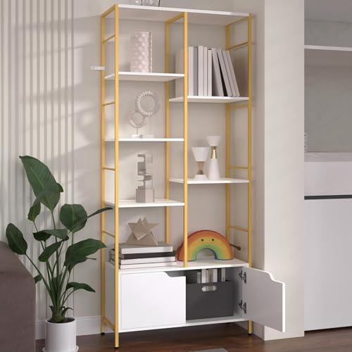 Housoul Bookshelf with Doors, 6-Tier Shelf with Storage Cabinet, 67 Tall Open Bookcase for Display, Industrial Retro Bookcase, Freestanding Storage Organizer Bookshelf for Living Room, White