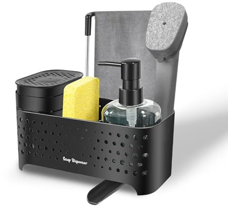 Lot de 2 distributeurs de savon et de liquide vaisselle - Organiseur 5 en 1 avec porte-éponge, porte-brosse et barre de torchon | Peu encombrant (noir)