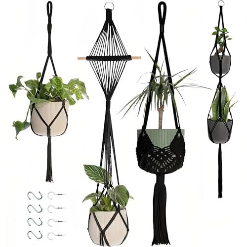Lot de 4 suspensions en macramé - Décoration bohème - Avec crochets - Corde en coton - Pour décoration de chambre bohème - Aesthétique - Plantes suspendues - Pour balcon, fenêtre - Noir