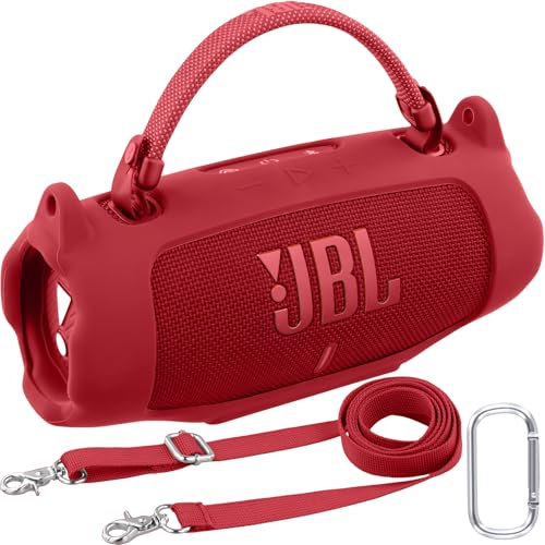 Khanka pour JBL Charge 6 Housse de Protection en Silicone avec Sangle détachable & Crochet Utilitaire, étui Souple Flexible pour Enceinte Bluetooth Portable JBL Charge 6, étui Uniquement (Rouge)