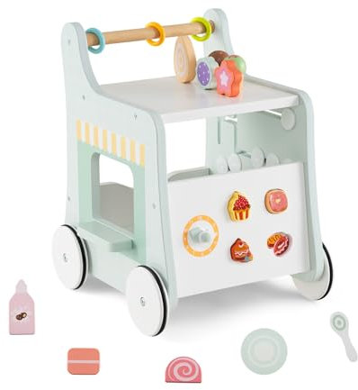 DREAMADE Lauflernwagen Holz, 6-in-1 hölzerne Lauflernhilfe, Baby Walker mit Blöcken & Zubehör, Lernlaufwagen Aktivitätszentrum, Kinderküche-Spielzeug für Kleinkinder ab 1 Jahren (Grün - Dessert)