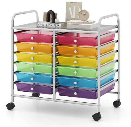 TANGZON 12 Drawers Storage Cart, Rolling Utility Cart with Lockable Wheels, Multipurpose Mobile Trolley Organizer for Home Office Stationery Beauty Salon (Rainbow)
