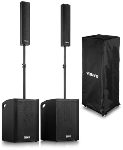 Vonyx VX1080BT active column line array speaker system with 2x 15 subwoofers, plug & play kit, built-in Bluetooth, MP3 playback, stackable DJ PA speakers for gigs, venues, and live events