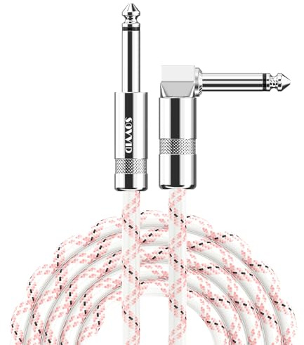 Sovvid 10FT Instrument Cable - Electric Guitar & Bass Cable with Right Angle 1/4 Inch Connector - Pink White