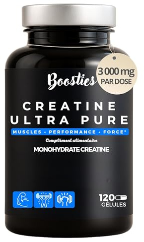 BOOSTIES Créatine Monohydrate Pure 3000mg - 120 Gélules Végétales - Prise de Masse Musculaire, Force & Explosivité - Complément Alimentaire Sport Haute Absorption - Sans Additifs Controversés