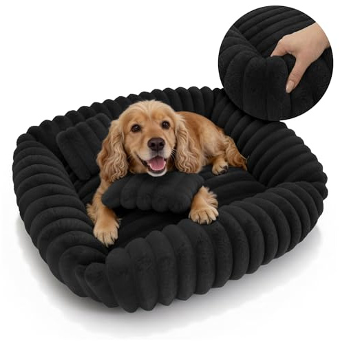 Domarex Dogguru Tola Hundebett 80X70 cm Groß - Weiches Hundesofa Mit Kissen, Rabbit Fur Plüsch, Anti-Rutsch Unterseite, Waschbares Hundekissen Für Mittelgroße Hunde & Große Katzen, Schwarz
