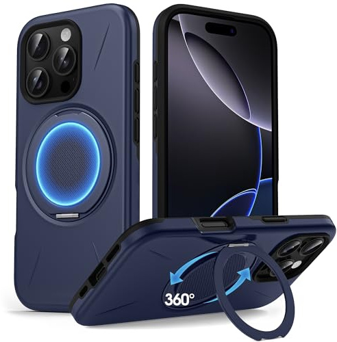 Flyzoo Armor Magnetic Stand Case for iPhone 16 Pro - with 360° Rotatable Ring Kickstand Holder [Compatible with MagSafe] [Military Grade Drop Protection] Heavy Duty Shockproof Cover 6.3, Blue