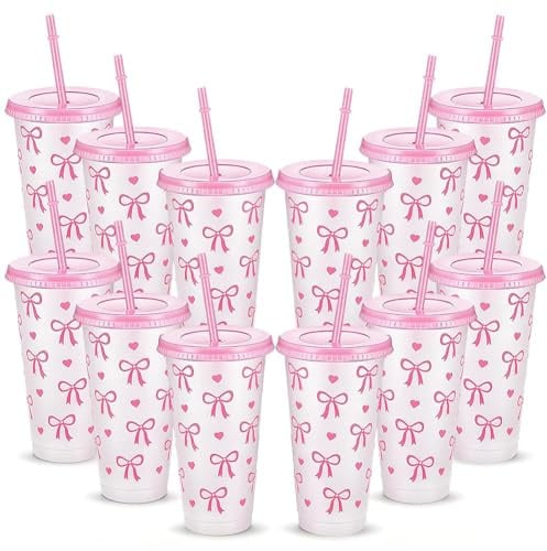 KDFSSIPE 12 Bicchieri con Fiocco Rosa 700ml con Coperchio e Cannuccia – Bicchieri Riutilizzabili per Feste, Addii al Nubilato, Matrimoni, Ufficio