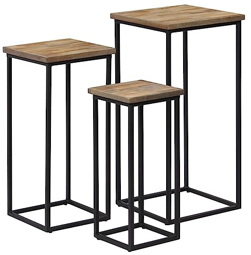 Beistelltisch-Set 3-TLG recyceltes Teakholz mit stabilem Stahlrahmen, Verschiedene Größen 35x35x72 cm, 29x29x62 cm, 23x23x52 cm, ideal als Couchtisch, Balkon Tisch