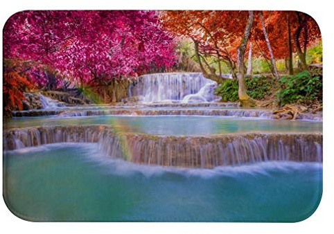 A.Monamour Badematten Badteppiche Badvorleger Laos Wasserfall Tropischer Regen Wald Bunte Bäume Blaues Wasser Natur Landschaft Saugfähigen Flanell rutschfeste Runner Teppiche Tür Matte 40x60cm