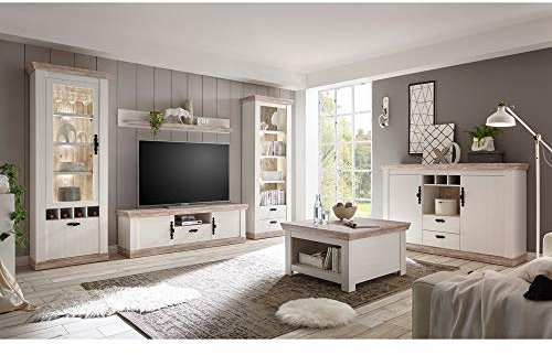 Lomadox Landhaus Wohnzimmer Wohnwand Set inkl. Couchtisch & Anrichte, Pinie weiß und Oslo dunkel Nb., inkl. Beleuchtung