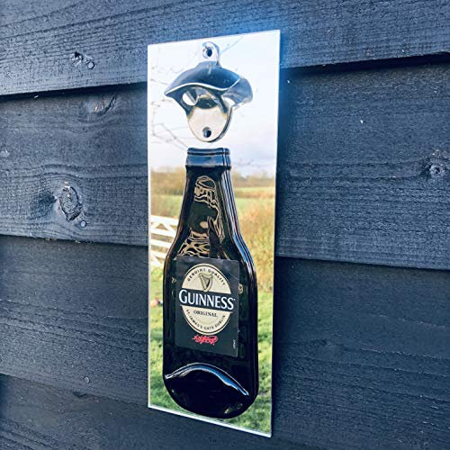 Guinness Beer Bottle Opener, Wall Mounted on Mirrored Acrylic Backing. Made in UK.