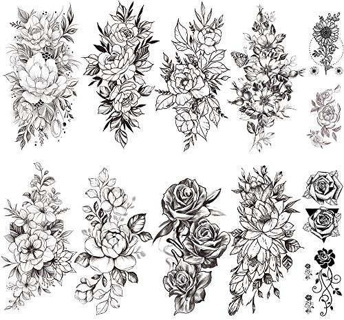 Yesallwas 12 Sheets Black Flower Tattoo Sleeves Temporary Tattoo Water Transfer Tattoo Sticker Peony Rose Tattoos Tattoo Arm Tatto Body Art （B）