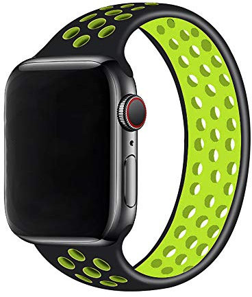 Solo Loop Cinturino per Apple Watch Band 44 mm, 40 mm, 38 mm, 42 mm, cinturino elastico in silicone traspirante, iWatch serie 3, 4, 5 SE 6 (nero verde, 42 mm o 44 mm/S)