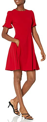DKNY Damen Flounce Sleeve with Button Fit and Flare Dress Kleid, Scharlachrot, 36