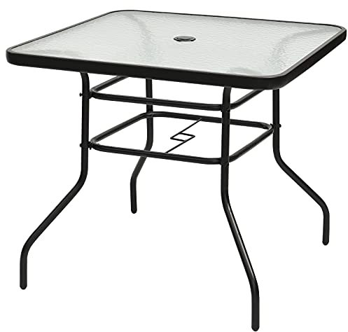GYMAX Tavolino da Giardino in Metallo e Vetro Temperato, Tavolino da Esterno Elegante con Foro per Ombrellone, Ideale per Terrazzo, Cortile e Bar (80 x 80 x 72cm)