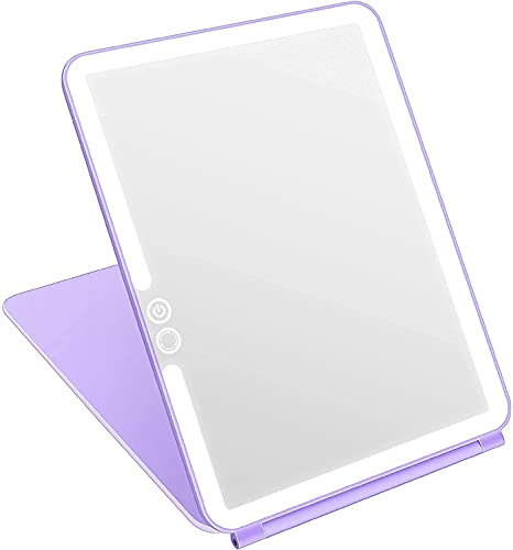deweisn Faltbarer Reisespiegel, beleuchteter Make-up-Spiegel mit 72 LEDs, 3 Farben, wiederaufladbar, tragbar, kompakt, beleuchteter Kosmetikspiegel mit Touchscreen-Dimmung für Kosmetik (lila)