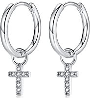 Creolen Silber Ohrringe mit Kreuz Anhänger für Mädchen Frauen | Klein Silber Ohrhänger Mädchen Huggie 925 Silber Ohrringe Creolen Set