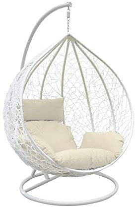 Rattan Swing Egg Chair Hanging Garden Hammock with Cushions & Stand Outdoor Indoor Furniture (White Egg Chair & White Cushion)