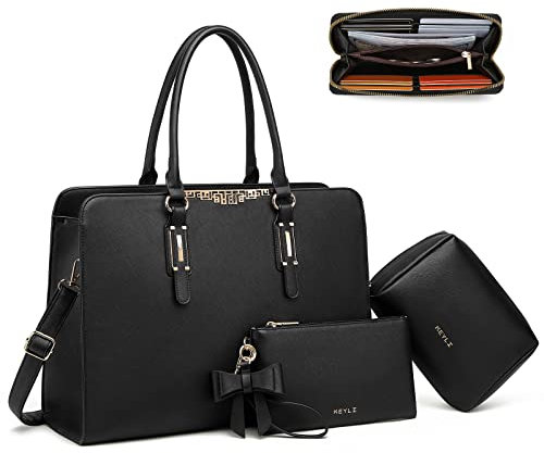 Keyli Laptop Bag for Women Large Waterproof PU Leather Tote Bag Business Office Work Briefcase Fit 15.6 inch Lightweight Trendy Computer Bags Messenger Shoulder Bag Laptop Purse 4pcs Sets Black