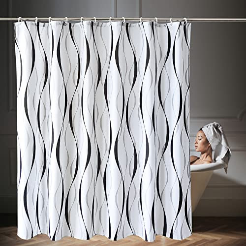 WedDecor Bathroom Shower Curtain Waterproof Anti Mould Mildew Resistant, Heavy Duty 100% Polyester Fabric Curtains Liner with 12 Curtain Hooks, 180cm x 200cm, Black, Grey & White