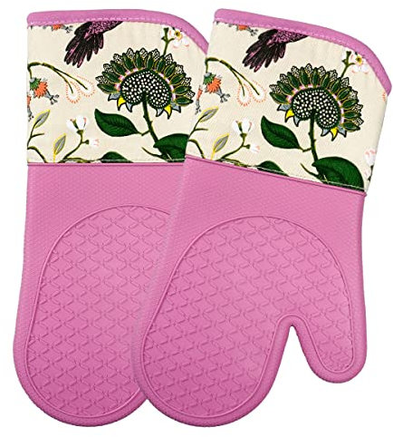 SiXsigma Sports Oven Gloves Heat Resistant Silicone Shell Waterproof - Quick Dry Oven Mitts for BBQ, Cooking, Baking And Grilling Set of 2 (Humming Birds, 33X17 CM)