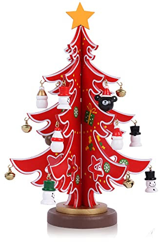 Kaket Tabletop Christmas Tree - Wooden Mini Xmas Tree With 18 Ornaments, DIY Small Decoration for Festival Party (Red)
