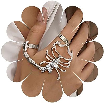 Yheakne Gothic Skorpion Kette Handring Silber Skorpion Fingerring Punk Knuckle Joint Ringe Halloween Statement Ringe Set für Frauen und Mädchen (Silber)