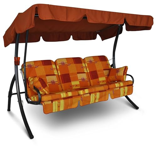 Angerer Freizeitmöbel GmbH Hollywoodschaukel Comfort - Gartenschaukel Made in Germany - Schaukel zum Sitzen, Liegen und Entspannen - inklusive Bett-Funktion - einfache Montage (Orange-Gelb Gemustert)