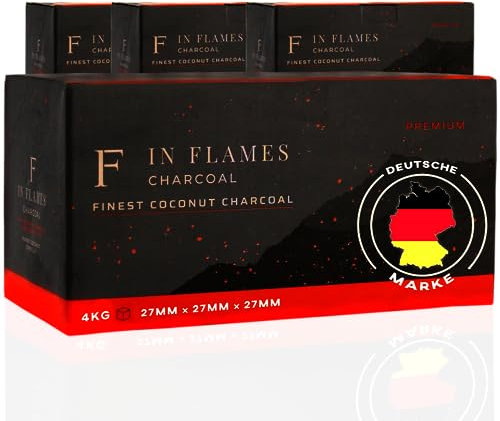 In Flames 4 Kg Kohle - mit extra Langer Brenndauer - Hochwertige 27er Kokosnuss Briketts - in Tüten einzeln verpackt - auch geeignet für Grill BBQ - 27mm Würfel Kokoskohle
