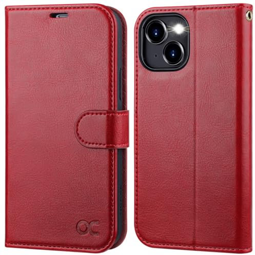 OCASE iPhone 15 Hülle Handyhülle [Premium PU Leder] [Kartenfach] [Standfunktion] RFID Schutzhülle Klapphülle Handytasche Lederhülle Kompatibel für iPhone 15 Rot
