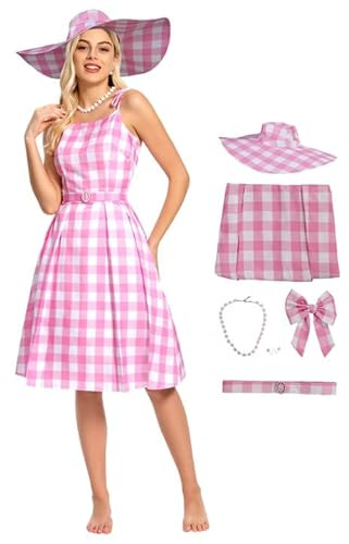 Seaehey Cosplay Kostüm Pink Kleid Rosa Karierte Ärmellos Rückenlos Kleid Strand Urlaub Langes Kleid mit Sonnenhut Schleife Gürtel Zubehör Karneval Party Outfit