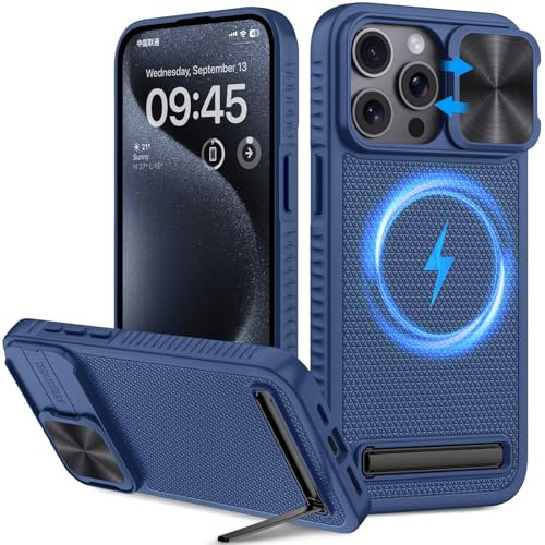 Vihibii for iPhone 15 Pro Max Case with Stand, Compatible with MagSafe, Sliding Camera Cover, Military-Grade Drop Protection Rugged Hard Magnetic Silicone Phone Case for iPhone 15 Pro Max 2023, Blue