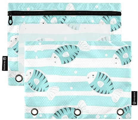 Mnsruu 2 Pack Binder Pouches,Hand Drawn Fish Ring Binders File Folder Pen Bag for Office School