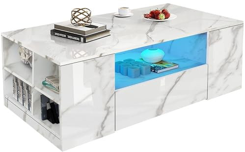Blisswood High Gloss Coffee Table with Storage, Coffee Tables Wooden Centre Tea Table with Led RGB Lights 2 Drawer Storage and Open Shelf Rectangle Coffee End Table For Home Office Furniture