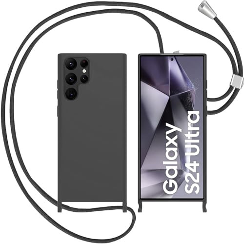 LIUKM Funda con Cuerda para Samsung Galaxy S24 Ultra, Carcasa de Silicona AntiChoque Suave TPU para Teléfono Móvil con Colgante Ajustable Collar Correa para el Cuello Cadena Cuerda - Negro