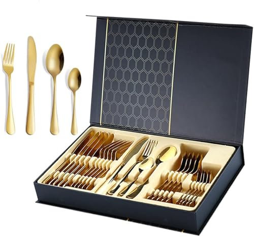 nanologi 24 Stück Besteck Set aus Edelstahl, Golden Tafelbesteck Set inkl. Messer, Gabel, Löffel, Teelöffel Besteck, Besteckkoffer Set mit Geschenkbox, Poliert Design Besteck-Set - Gold