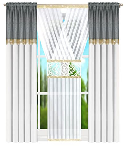 DRAPELLA | Gardine Paneel und Vorhänge Set Toronto 410x250 Hellgrau und Gold Fensterdekoration Wohnaccessoires & Deko