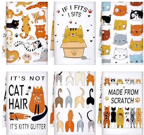 TecUnite 6-teiliges Katzen-Geschirrtücher-Set, lustige Katzen-Geschirrtücher, niedliches Geschirrtücher, dekoratives Katzenhandtuch, Katzenliebhaber, Geschenke zum Reinigen, Trocknen, Wischen,