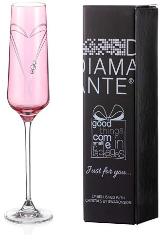 DIAMANTE Flûte à Champagne en Verre Coeurs Roses Verre à Champagne Unique de Couleur Rose avec Cristaux Swarovski
