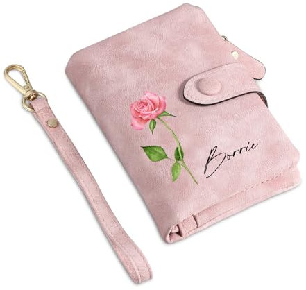 Wamantic Portefeuille Personnalisé Femme Portefeuille Personnalisé avec Nom et Fleur de Naissance Porte Monnaie Court en Cuir PU Portefeuille Petit Format Compact avec 16 Emplacements Cartes(Rose-1)