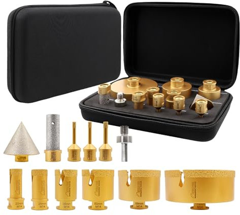 SHDIATOOL Set di punte per carotaggio diamantate 12pcs (6/6/8/20/25/35/50/68/110+20mm Bit di fresatura a dito+50mm Punta smussatrice per smussare+Hex) Kit sega a tazza punte filettatura M14