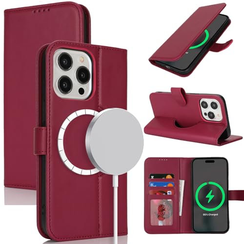 Zouzt Case for iPhone 15 Pro Max (6.7), [Compatible with MagSafe] Magnetic PU Leather Wallet Case with Card Holders and Kickstand, Wireless Charging Flip Folio Phone Cover - Red
