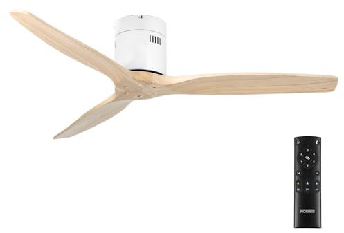 NORHES Kent Ventilador Techo Sin Luz Blanco/Madera Clara. 3 Aspas Ø132cm. Motor DC. Verano/Invierno. 6 Velocidades. Control Remoto Temporizador. Bajo Consumo Silencioso. Brisa Natural