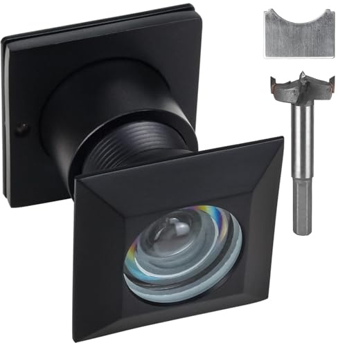 Earl Diamond Türspion aus massivem Messing, quadratisch, HD, 220 Grad, mit 28 mm Bohrer und Sichtschutzabdeckung, kompatibel mit Türstärken von 3,5 cm bis 5,4 cm, mattschwarzes Finish