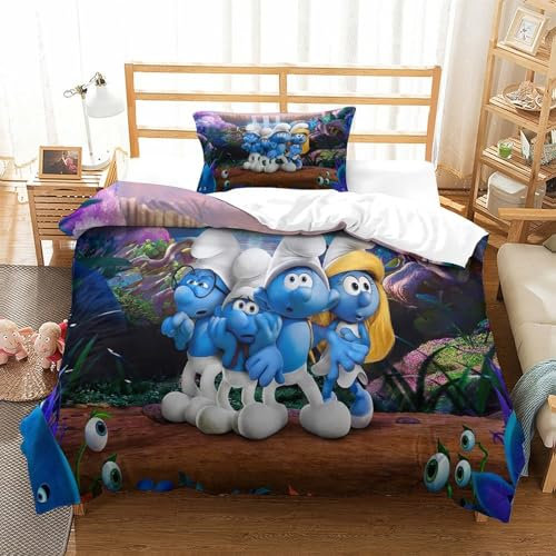 Rochile Smurfs Bettwäsche Bettbezug 2teilig Weiche Mikrofaser 3D-Digitaldruck Bettwäsche-Sets - 1 Bettbezüge Mit Reißverschluss Und 1 Kissenbezüge Single（135x200cm）