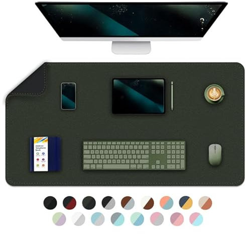 90cmx 43cm Reversible Office Desk Mat, Dual-Sided Desk Mat, Waterproof PU Leather Table Surface Protector Desk- Laptop Mat & Mouse Pad for Home & Office – Dark Green+Black