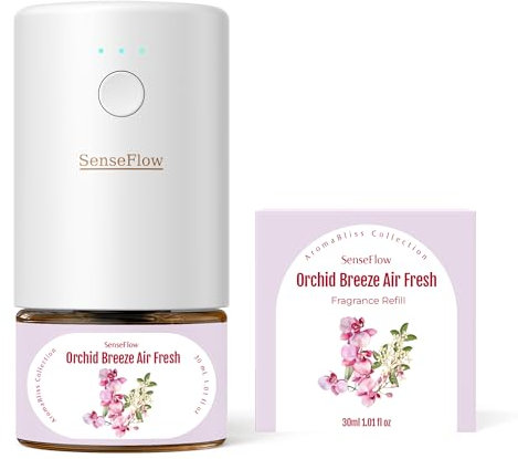 SenseFlow Aroma Diffuser für Ätherische Öle SF101, Wasserloser Ultraschall Duftstecker Raumduft, 100% pflanzlich Lufterfrischer, 120-Tage Aroma für Zuhause bis zu 100 m²-Orchideenbrise Lufterfrischer